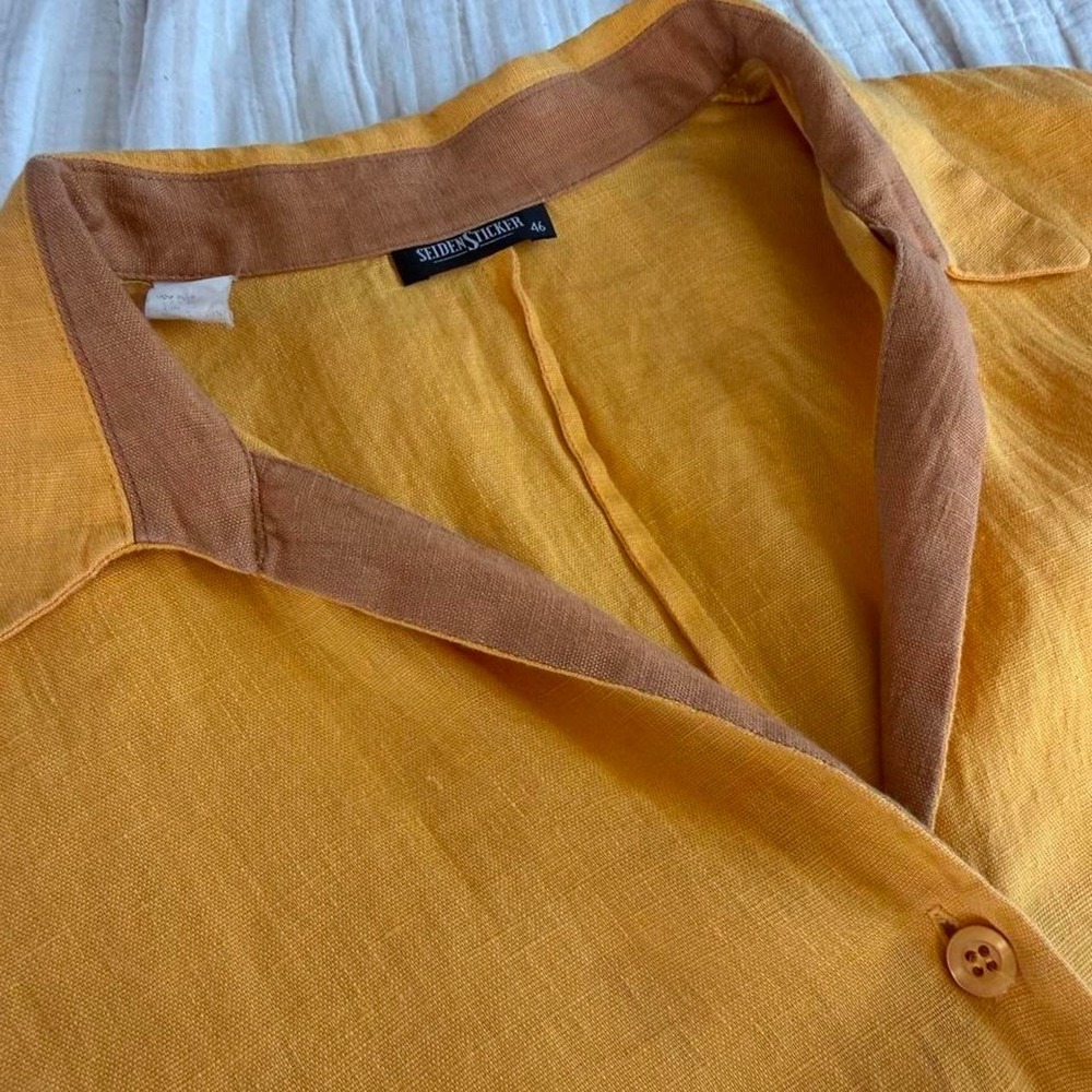 SeidenSticker 100% Linen Colorblock Button Up Top Mustard Yellow Brown Relaxed - Picture 2 of 7